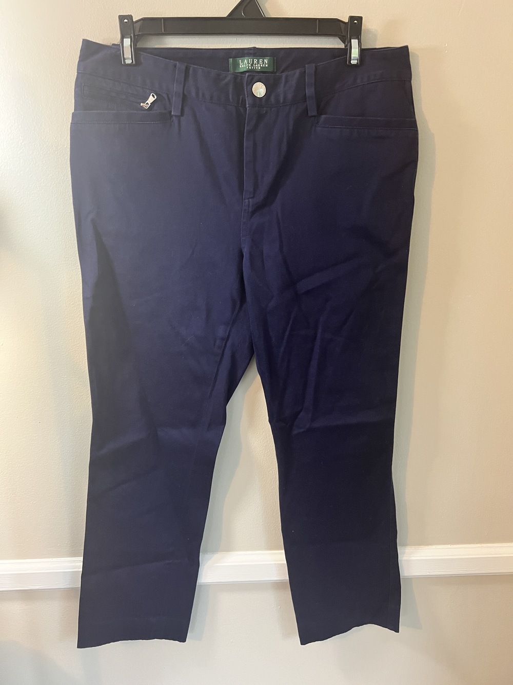 Ralph Lauren Women's Navy Pants Size 14 Stretch Cotton Chino Straight Leg Slacks